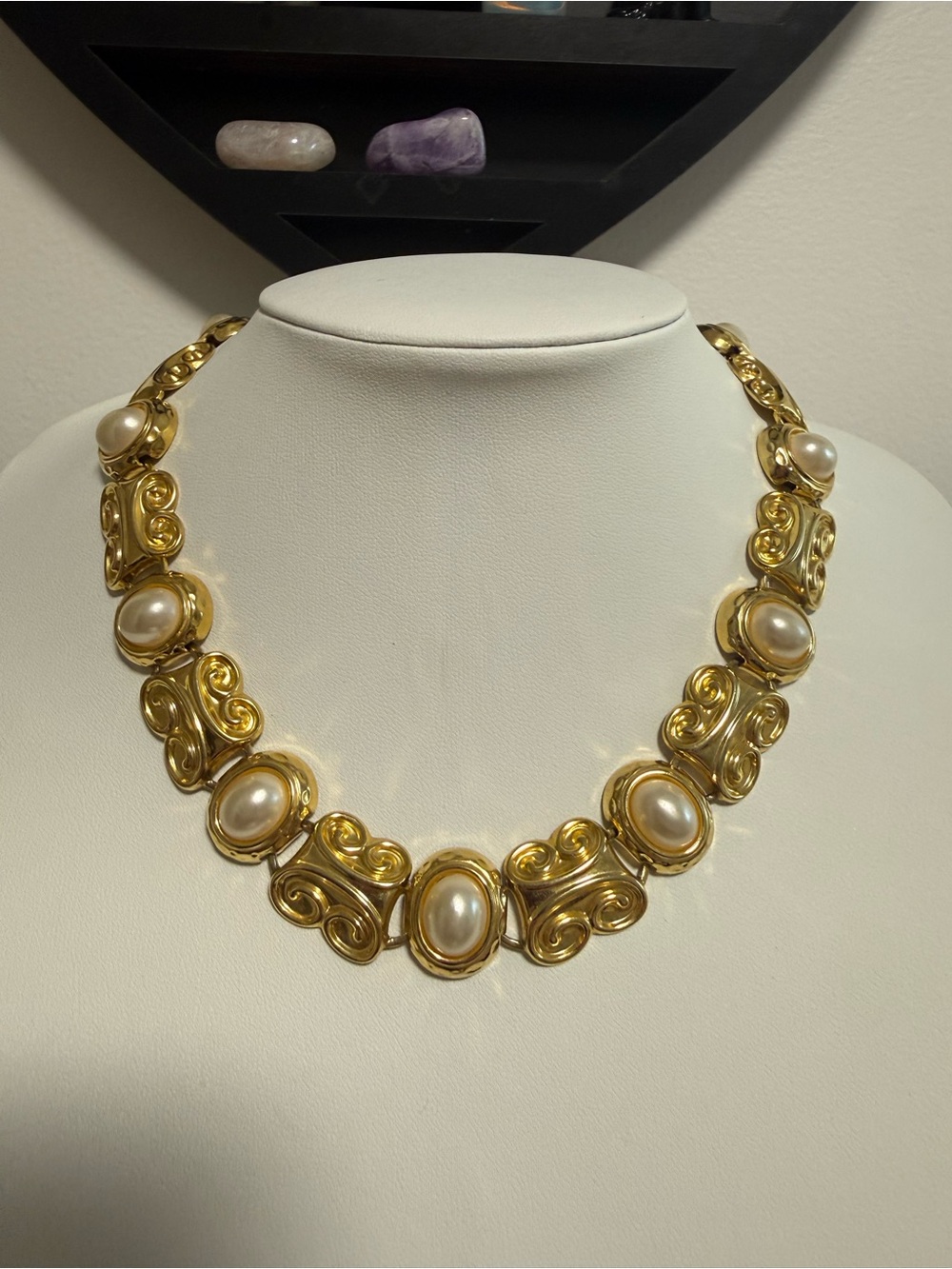 Elegant Gold Tone Pearl Statement Necklace